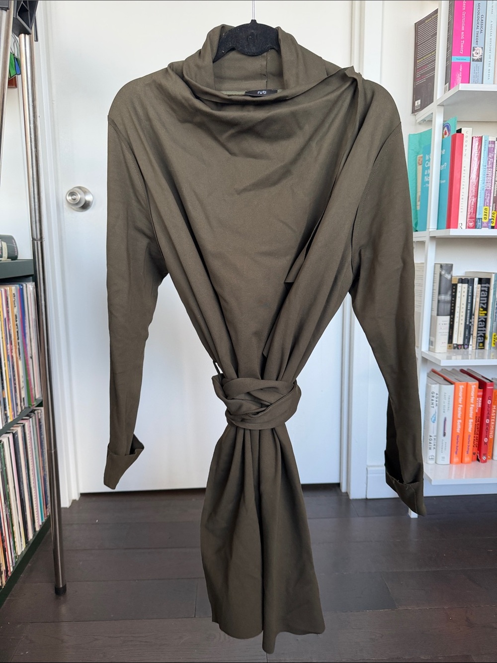 Ruti Olive Green Draped Cowl Neck Wrap Cardigan